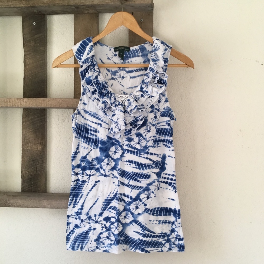 LRL blue/white ruffle tie-dye top